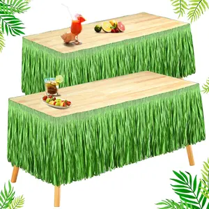 Hawaiian Luau Tropical Raffia Grass Table Skirt Fringe for Tiki Bar Summer Beach Themed Party Hula Birthday Decorations, 157 x 12 Inch, Green, 2 Pcs