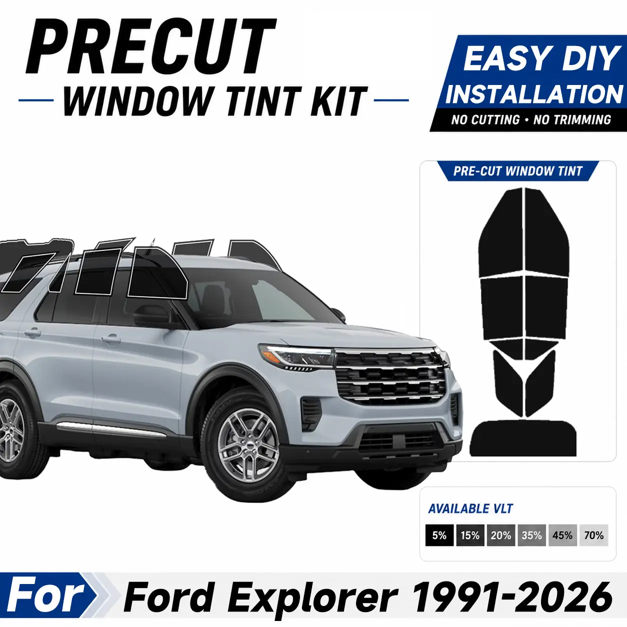 Automotive Custom Size Precut Window Tint - Easy to Apply Installation Pre Cut Tint Kit, Sun protection UV Protection & Car For Ford Explorer 1991-2026