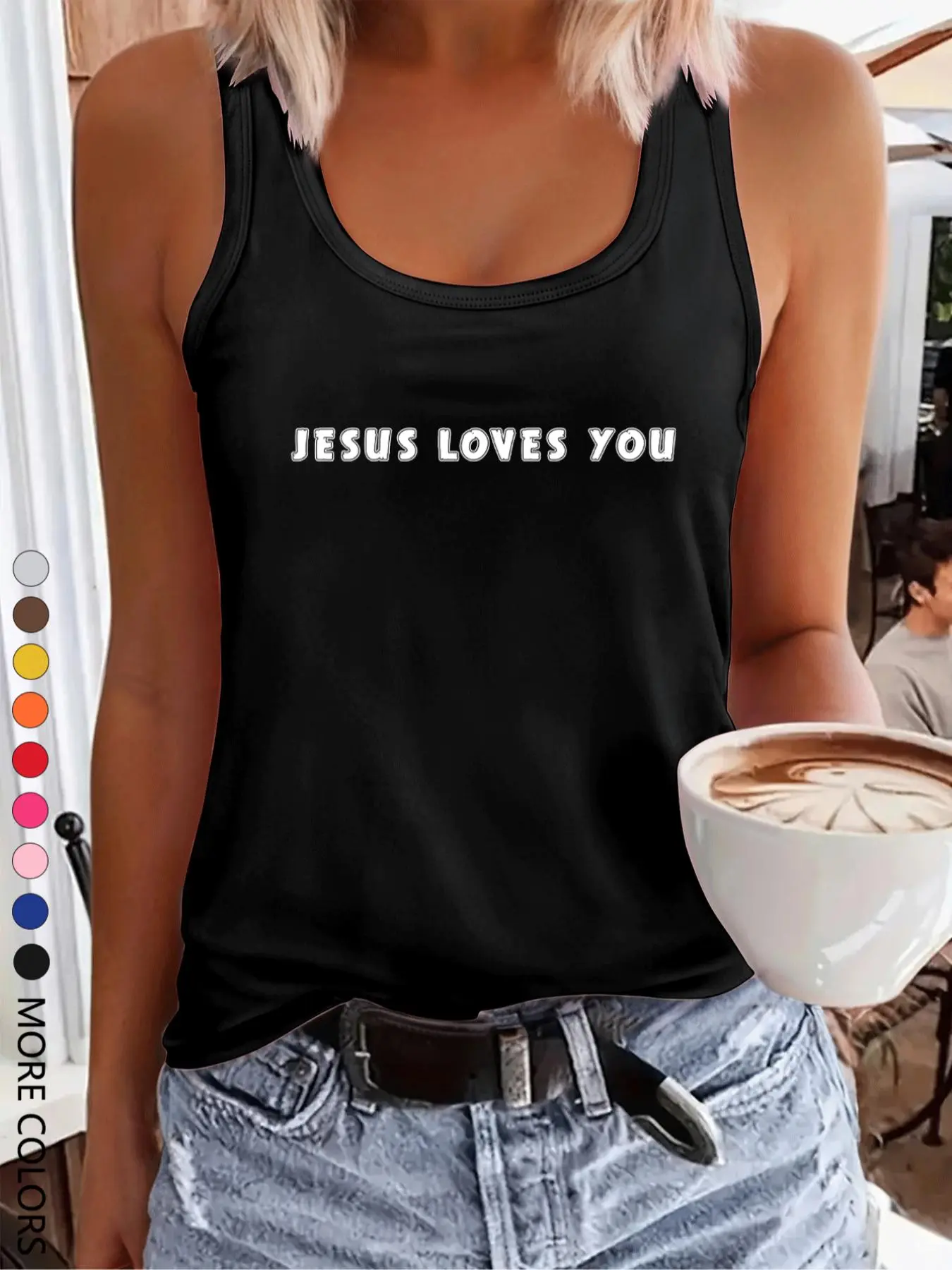Women's Jesus Loves You Print Round Neck Tank Top, Post Print Tank Casual Sleeveless Top for Summer, Ladies Clothes for Daily Wear, Socks