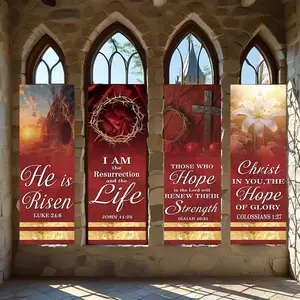 4 Pcs Religious Banners, Polyester Material Christian Resurrection themed vertical hanging banners with holy scripture verses crown of thorns cross empty tomb lily patterns suitable for Easter church sanctuary home prayer room wall decoration religio