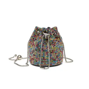 Fully Diamond Fashion Dinner Pack Mini Small Bucket Pack with Golden Ball Glass Rhinestone Celebrity Chain for Women