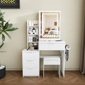 【Bellemave】Modern Vanity Desk ,featuring 3 modes of LED lighting with adjustable brightness , with 4 drawers and multiple open storage shelves, with a hair dryer holder and power socket, a dressing chair