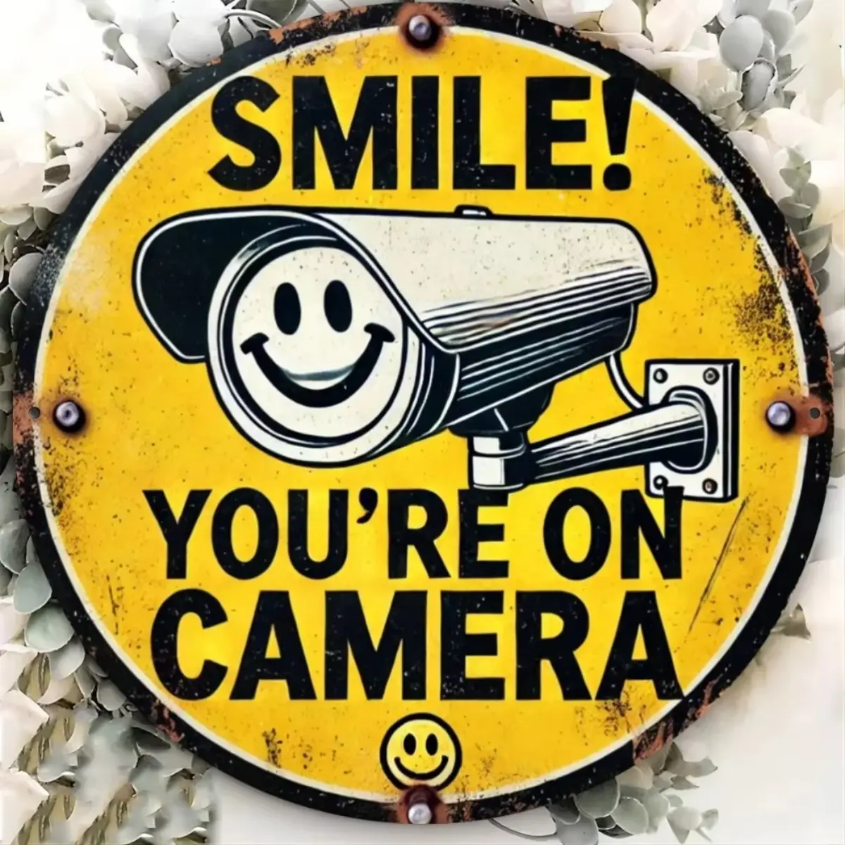 "Smile On Camera" Aluminum Sign Wall Sign - Weathered Surveillance Decor Home Decor Products