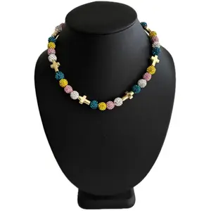 Iced Bling Disco Ball Rhinestone Bead Baseball Drip Necklace Teal Pink White, Gold Cross