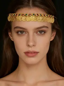 Exotic Court Style Headpiece - Gold Coin Embossed Hair Accessory, Vintage Gem-embedded Festival Headdress