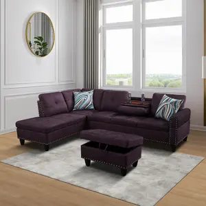 Amaranth Linen 3-Piece Sofa Set, Elegant Modern Living Room Furniture, Breathable Linen Fabric, Cozy Seating Experience, Stylish Design Perfect for Home & Apartment