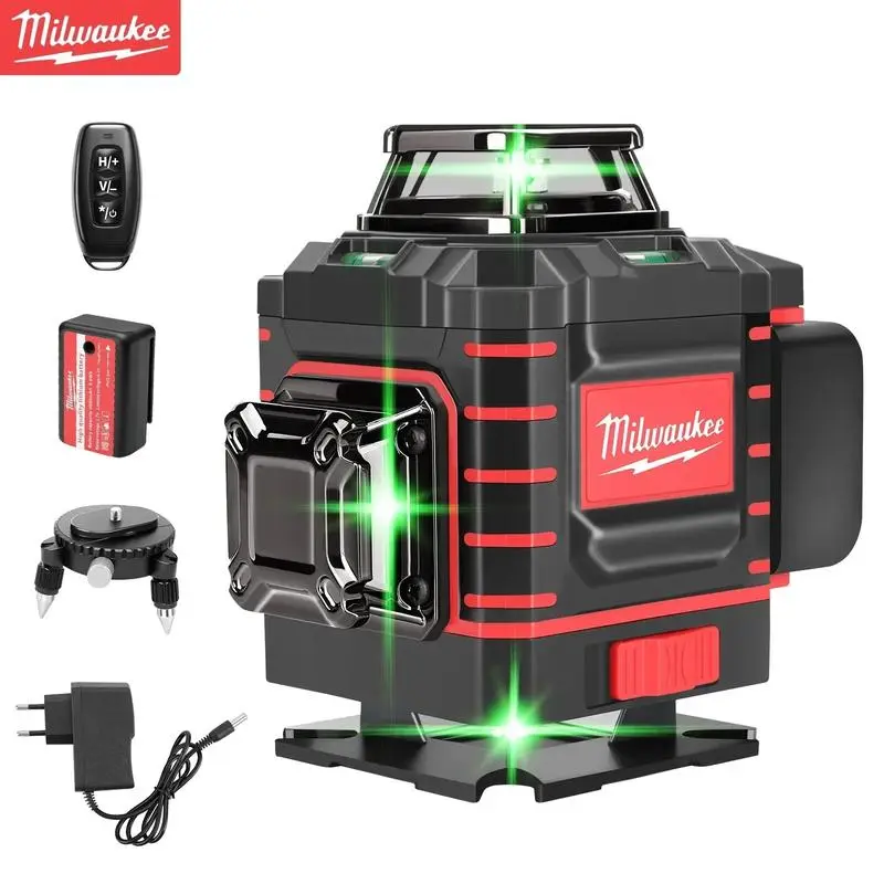 Milwaukee 360° Green Beam Laser Level, Vertical Cross & Horizontal Laser Tool with Rechargeable Batteries for DIY Projects