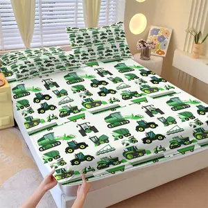 Tractor Theme Fitted Sheet Set & 2 Pillowcases No Core, Tractor Design, Flat Illustration Style Green Tractor, Harvester and Trailer Design, Soft Non-Slip Wrinkle Resistant, Farmhouse Bedroom Decor Gift Choice