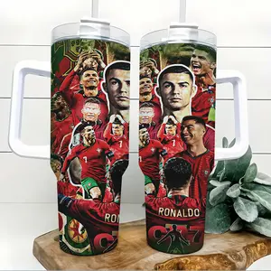 Cristiano Ronaldo CR7 Soccer Legend 40oz Tumbler with Handle and Straw, Red Green No.7 Football Champion Collage Insulated Cup, Stainless Steel Travel Mug Water Bottle Coffee Cup for Sports Fans Gym Car Office Gift