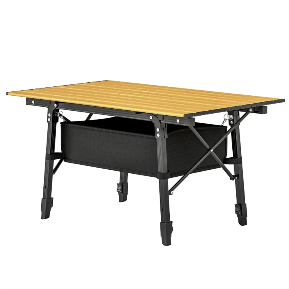 Adjustable Height Foldable Outdoor Table with Oxford Cloth Storage Basket, Heavy-Duty Aluminum Alloy X-Shape Frame, 66 Lbs Weight Capacity, Quick Setup Portable Camping Side Table with Carry Bag for Picnic Backyard