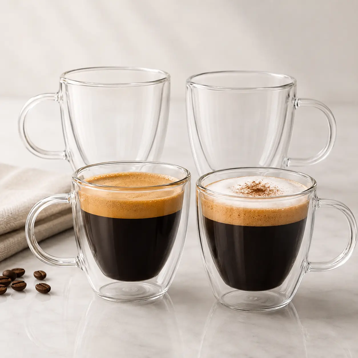 Double Wall Borosilicate Glass Coffee Mugs with Handle, 80 ml Clear Espresso Latte Cups, Set of 2/4/6 Kitchen Drinkware