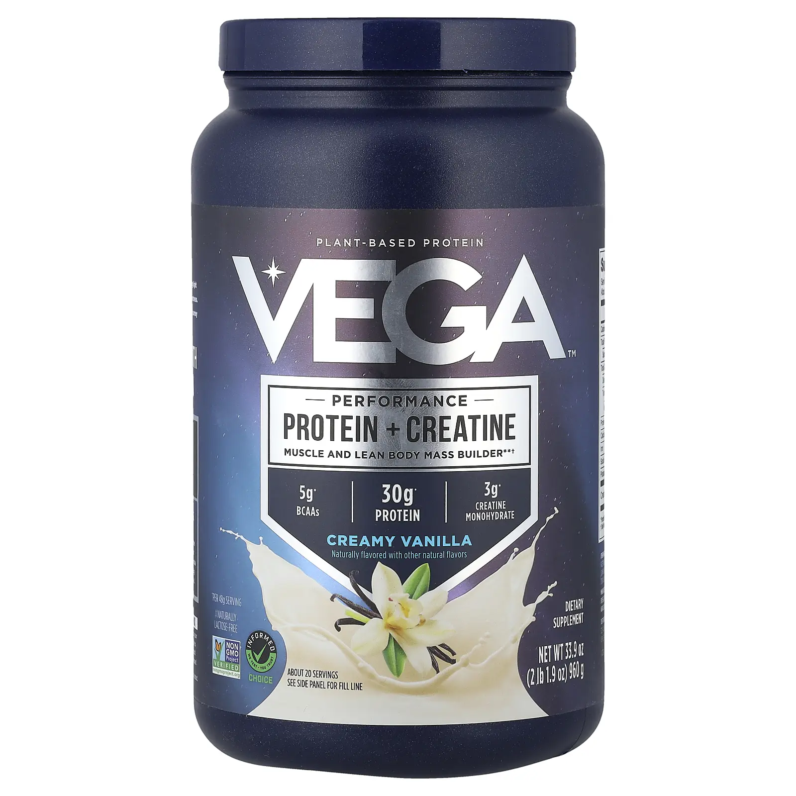 Vega Plant-Based Performance Protein + Creatine, Creamy Vanilla, 2 lb 1.9 oz (960 g)
