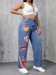 JR JEANIUS WEAR Women's High Waisted High Stretch Oversized Wide Leg Denim Trouser, Trendy Graffiti Print, Light-Wash, Breathable Non-Iron Baggy Piece, Everyday Streetwear Bottom Pants for All Seasons