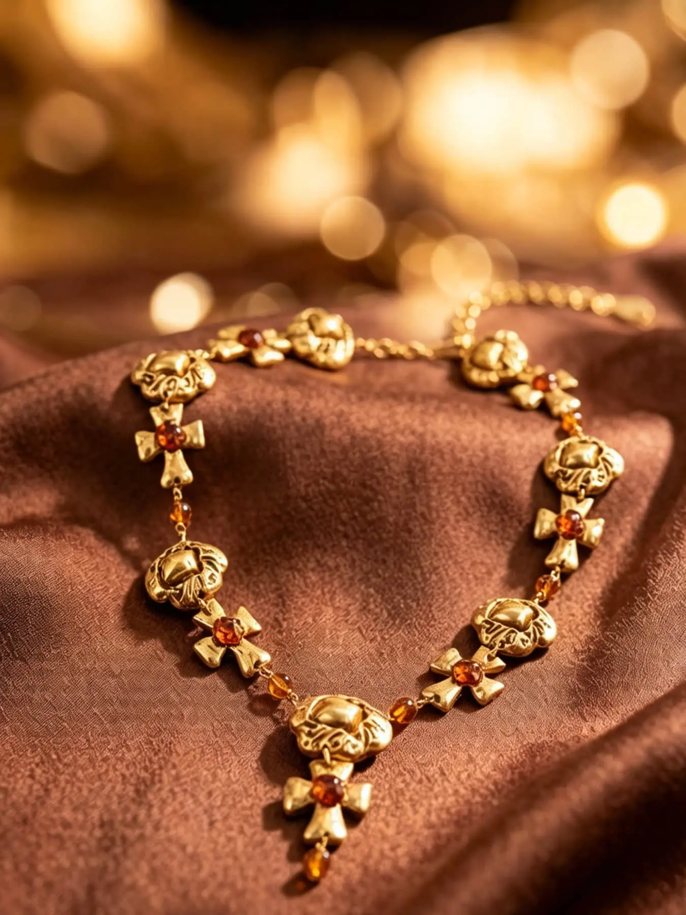 This vintage vintage vintage gold cross amber necklace features irregular textured gold accents paired with amber crystals, making it suitable for daily wear, vacation dates, and other occasions. It is also a surprising and exquisite small gift.