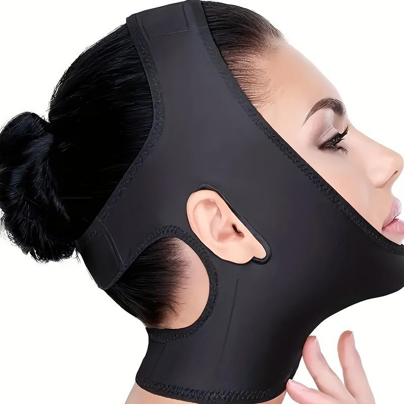 1pc Black V-Face Lifting Bandage with Double Chin Reduction Mask - Breathable Comfort Fit Facial Toning Strap for Nasolabial Folds, Face Slimming & Jawline Contouring, Nighttime Use