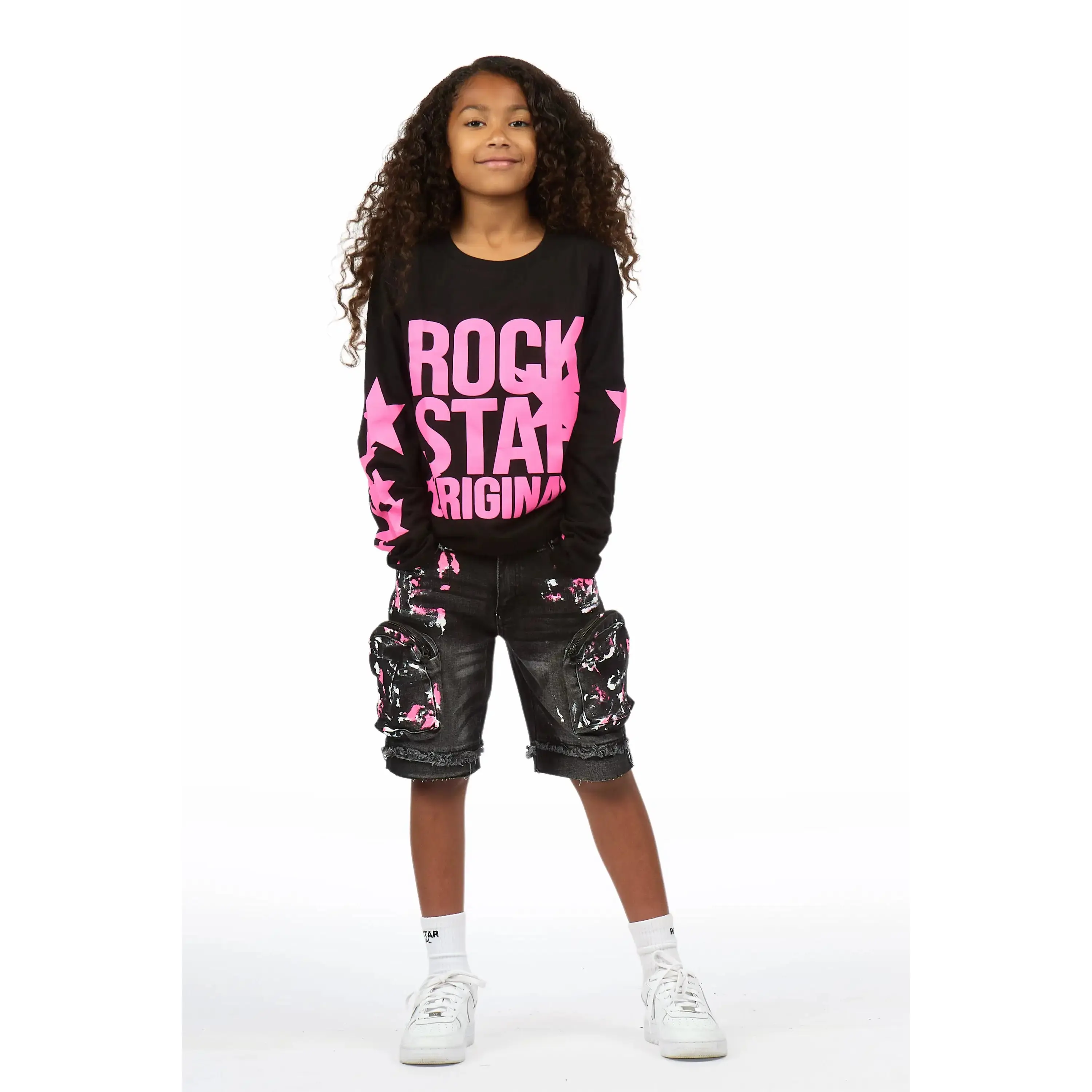 Girls Sechora Black/Dark Grey Long Sleeve T-Shirt Denim Short Set
