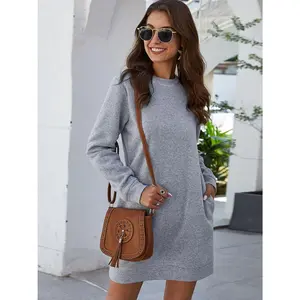 Fall Casual Dress - Crew Neck Long Sleeve Mini Dress with Pockets