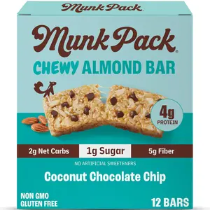 Munk Pack Chewy Granola Bars - 5g Protein, 1g Sugar with Allulose, 2g Net Carbs, Low Sugar, Gluten Free and Low Glycemic Snacks With Coconut Chocolate Chip - 12 Pack