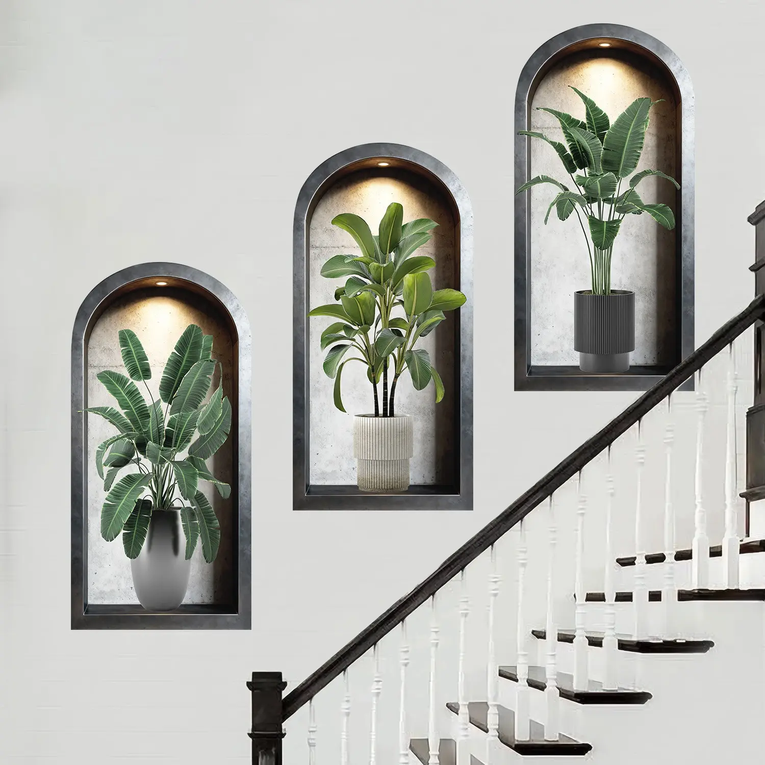 3-piece set, Nordic green plant Nature themed simulated arched window flower basin wall sticker, self-adhesive removable decorative sticker Ornaments, Wall Decals, suitable for wall decoration in living rooms, dining rooms, and study rooms