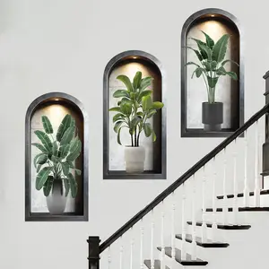 3-piece set, Nordic green plant Nature themed simulated arched window flower basin wall sticker, self-adhesive removable decorative sticker Ornaments, suitable for wall decoration in living rooms, dining rooms, and study rooms