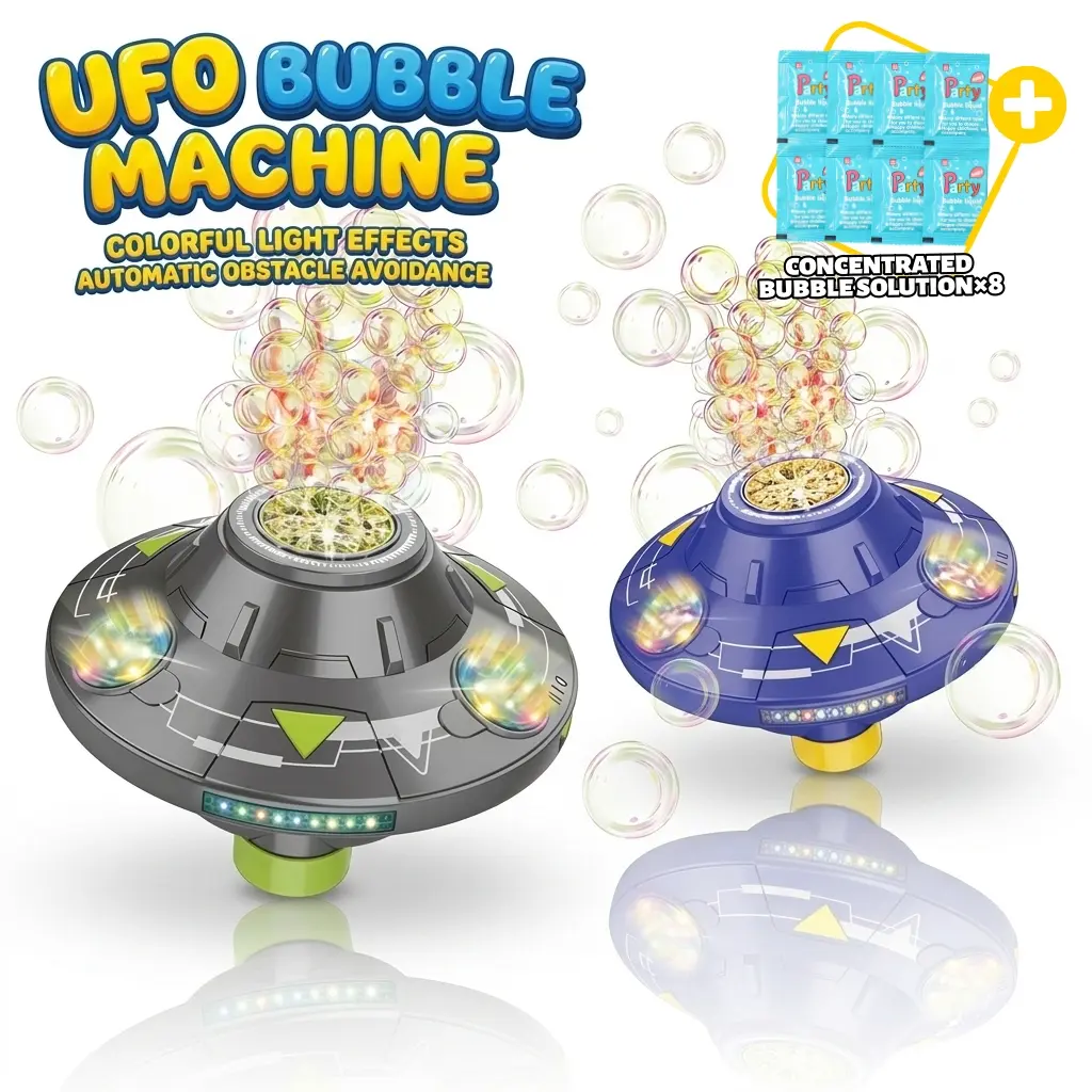 Multifunction Bubble Maker UFO Toy - Automatic Electric Blower with Colorful LED Bubbles with Light, Automatic Obstacle Avoidance, Portable USB Charger Rechargeable Spaceship Gear for Toddlers, Outdoor Parties