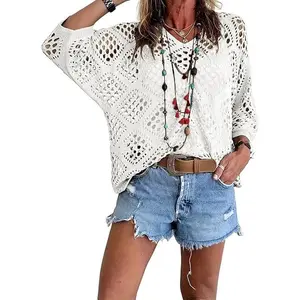 Women's Bohemian-Inspired Beige Crochet Top with V-Neck# Springtok Casual Chic, V-neck Diamond Pattern Hollow Bat Sleeve Women's Knit Sweater Cardigan, Artistic Korean Style Pullover Hoodie Women's Air Conditioning Shirt Top