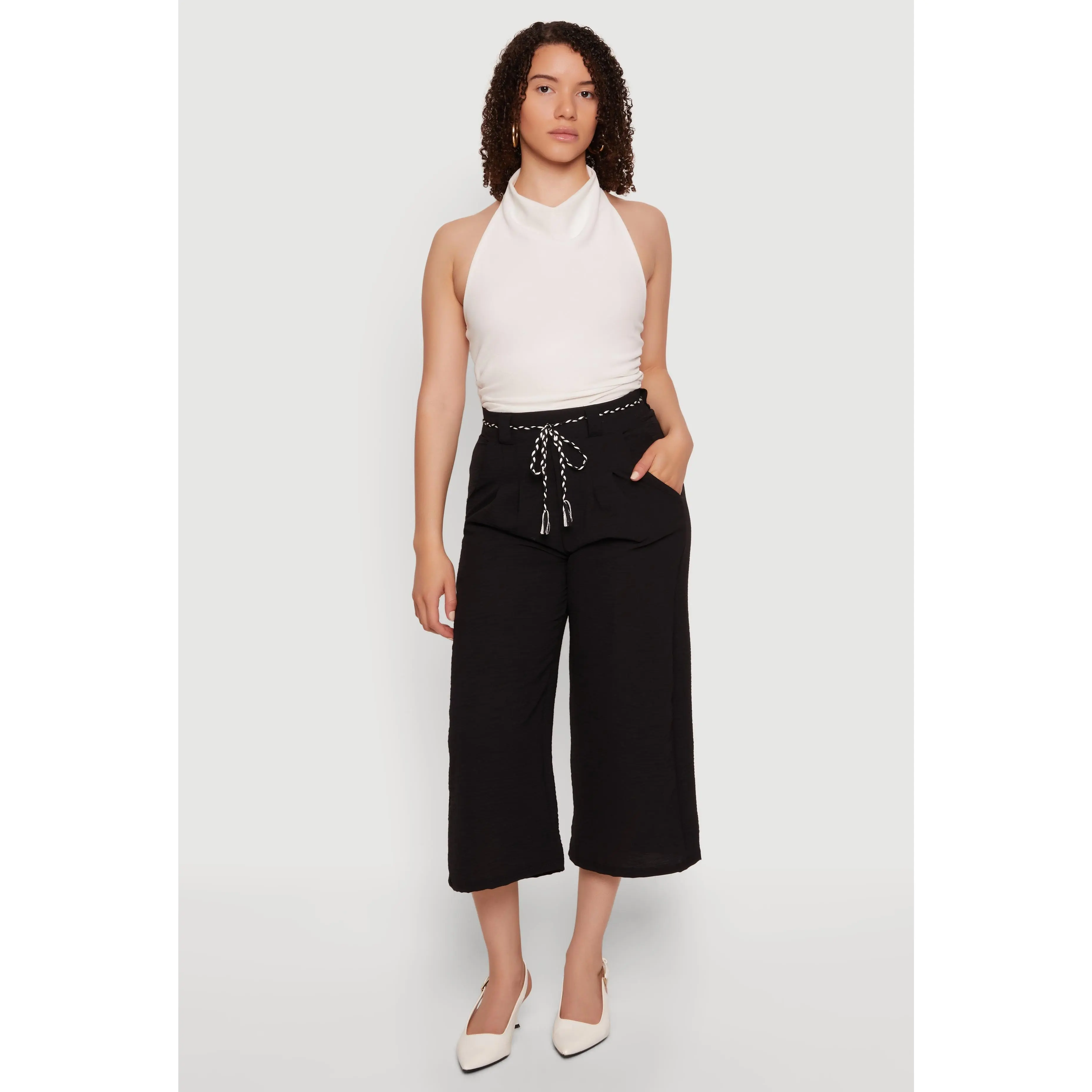 Crepe Knit Wide Leg Culottes with Rope Belt