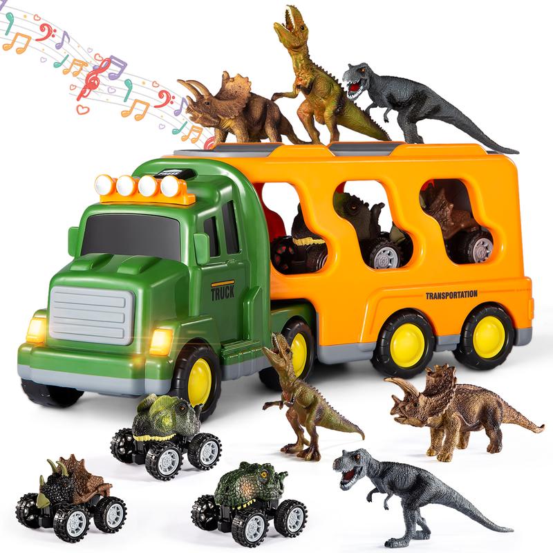 7 In 1 Dinosaur Transporter Truck CarToy Set with Mini Dinos & Cars,Light & Sound,Christmas Birthday Gift