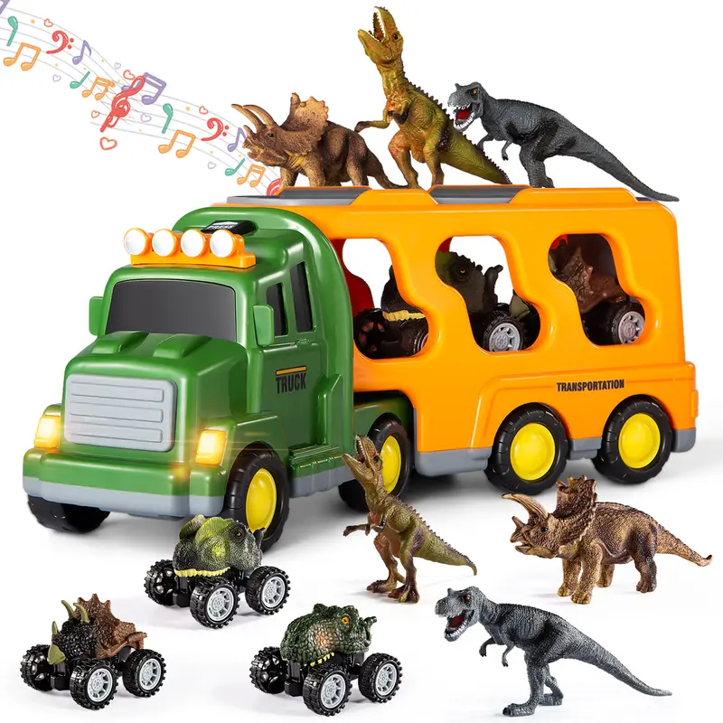 7 In 1 Dinosaur Transporter Truck CarToy Set with Mini Dinos & Cars,Light & Sound,Christmas Birthday Gift