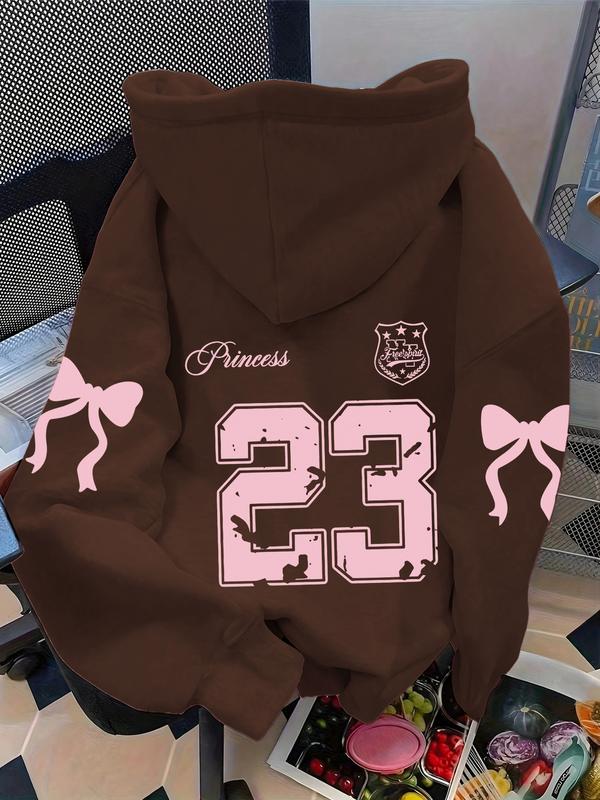 Women's cool and cute trendy number bow print hoodie, kangaroo pocket, drawstring hooded sweatshirt, fashionable autumn and winter wear, Graphic Hoodies
