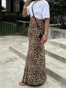 Women's Leopard Print Mesh Skirt, Breathable Fitted Natural Waist Design, Long Fashionable Style for All Seasons, Perfect for Casual Wear