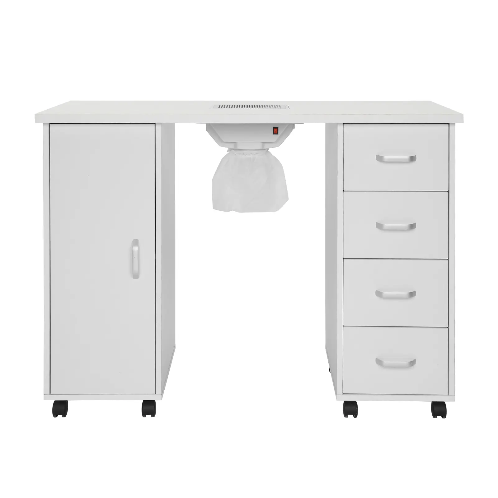 White Professional Nail Table Makeup Vanity - 8 Wheels, 4 Removable Drawers, Easy-Clean High-Quality MDF Single Door, Eco-Friendly Bright Design, Commercial Office Furniture for Spa Nail Techs, Requires Assembly