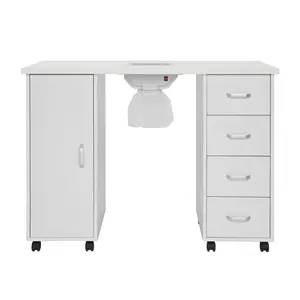 Professional Nail Table with Fan,, 8 Wheels, 4 Removable Drawers Easy Clean, MDF Single Door, Color White Makeup Vanity outdoorfun