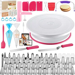230PCs Cake Decorating Kits with Cake Stand, Piping Bags, Cake Leveler and Frosting Icing Spatulas Bakeware Disposable