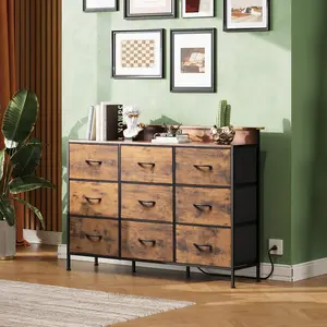 WLIVE Grey Dresser TV Stand for 45, 50, 55 inch TV, Entertainment Center with LED Lights & Charging Station, Chest of drawers with 9 Fabric Drawers and Open Shelves for Living Room