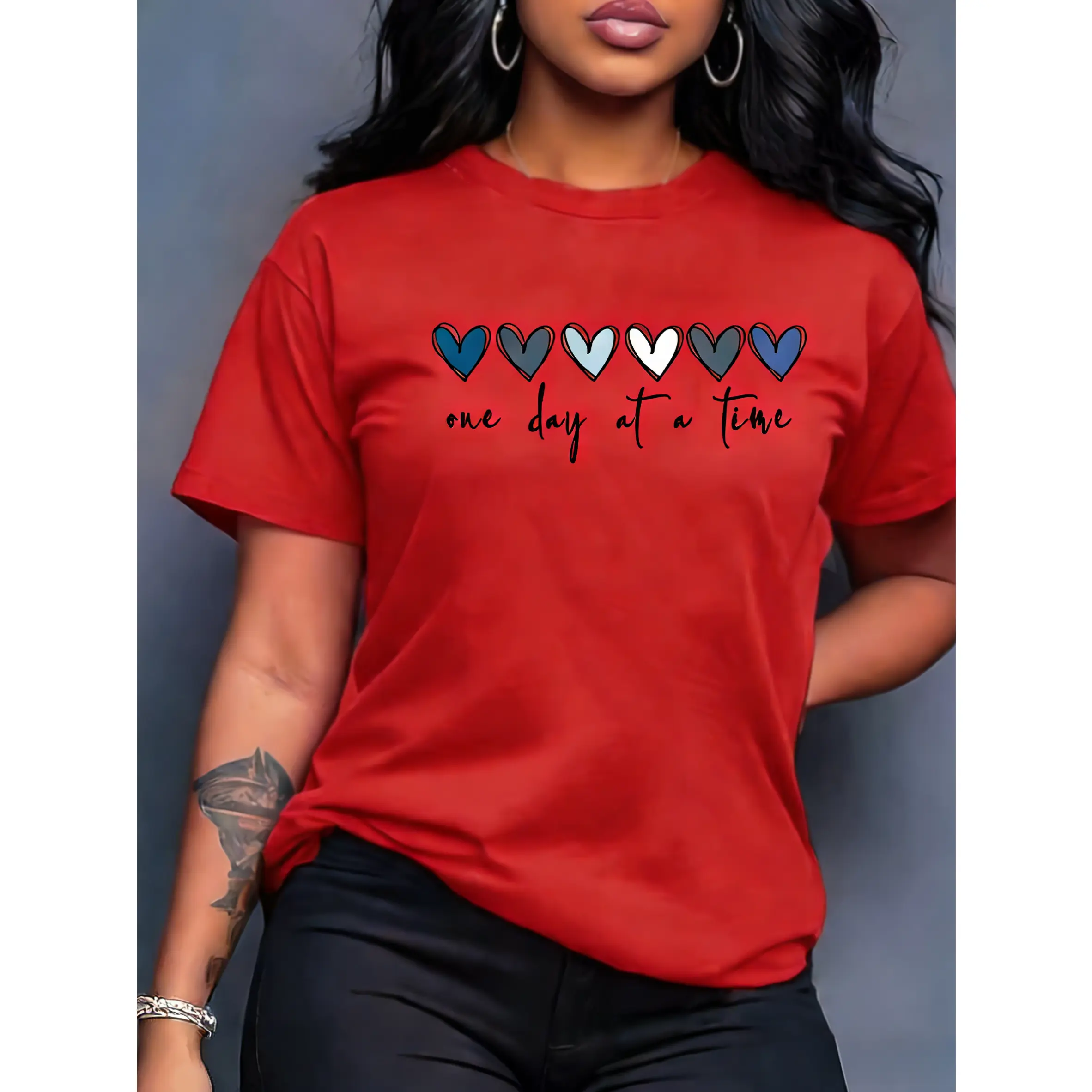 Women's 100% Cotton Short Sleeve Round Neck T-Shirt - "Live in the Moment, Progress Gradually" Print, Machine Washable, Soft, Breathable, Loose Casual, Versatile for Commuting, Daily Wear (Spring, Summer, Autumn)