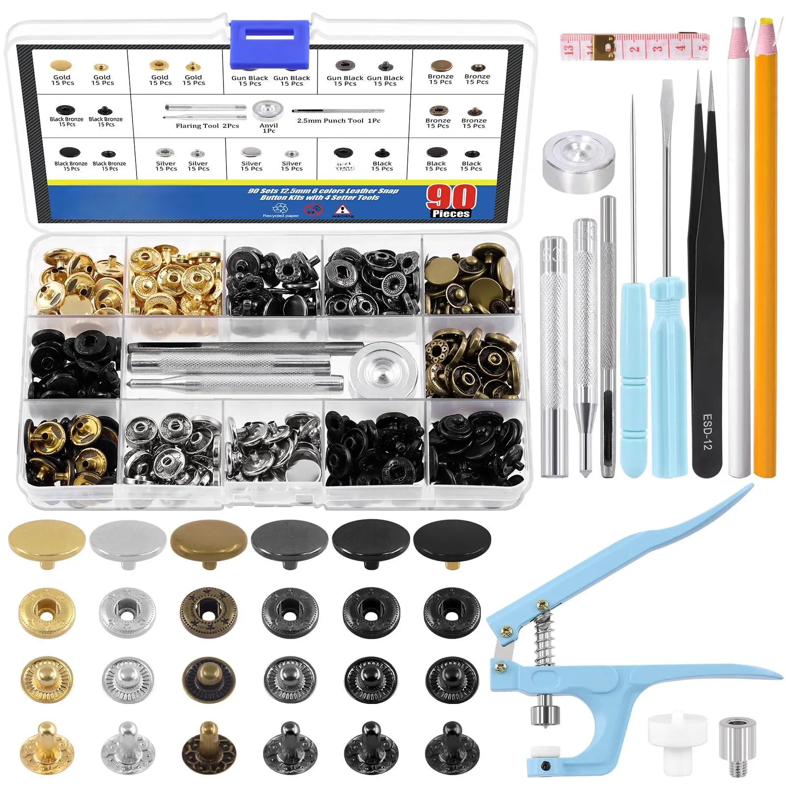 90 Sets Leather Snap Fasteners Kit With Pliers  12.5mm 6 Colors Buttons Press Studs 8pcs Setting Tools Grease Pencils Tweezers Tape Measure For Diy Craft