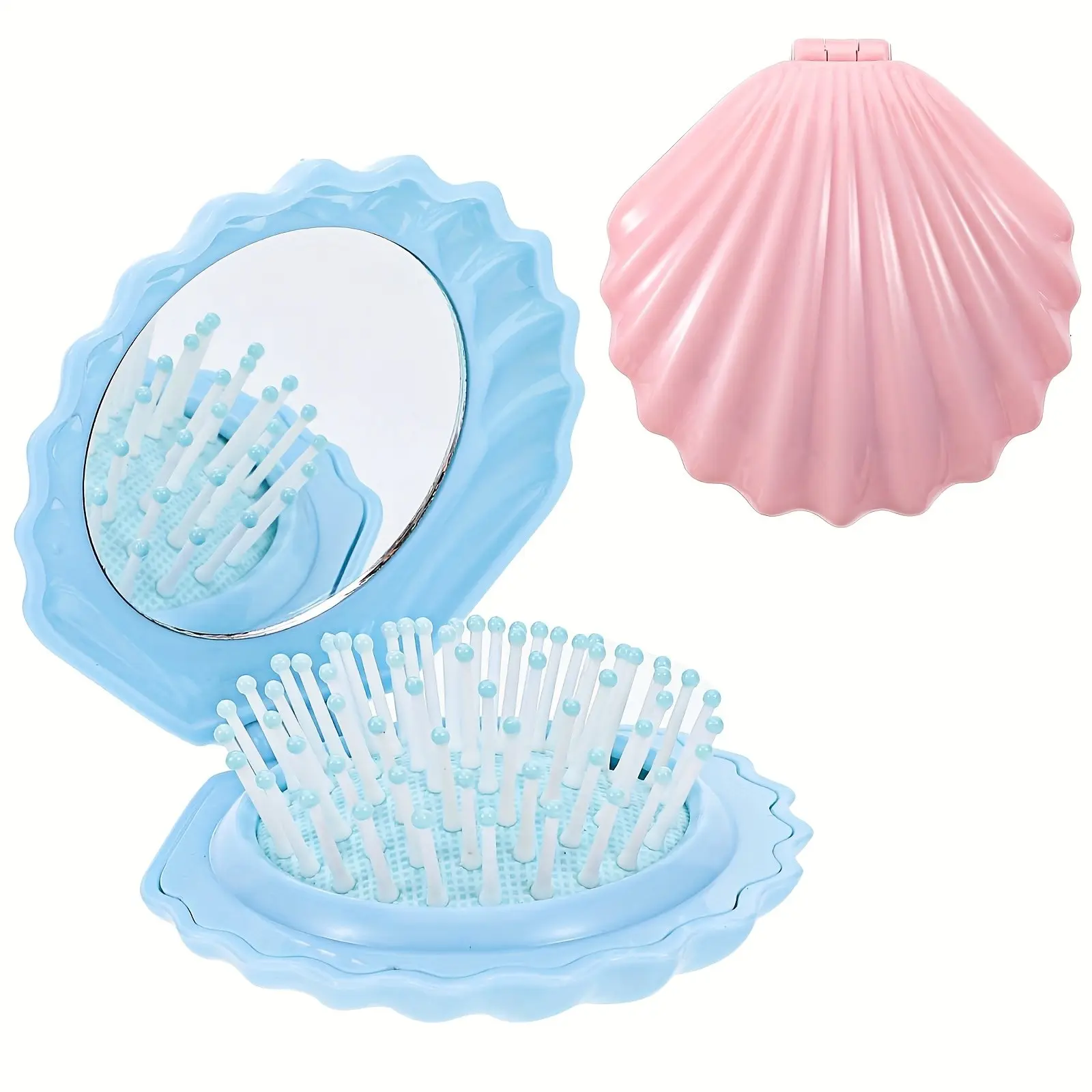 2/1Pcs Shell Shape Foldable Mini Brush for Hair,Travel Size Hair Brush with Mirror,Conch Folding Hair Brush,Portable Compact Hair Brush for Women and Purse Must Haves, Foldable Design