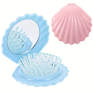 2/1Pcs Shell Shape Foldable Mini Brush for Hair,Travel Size Hair Brush with Mirror,Conch Folding Hair Brush,Portable Compact Hair Brush for Women and Purse Must Haves