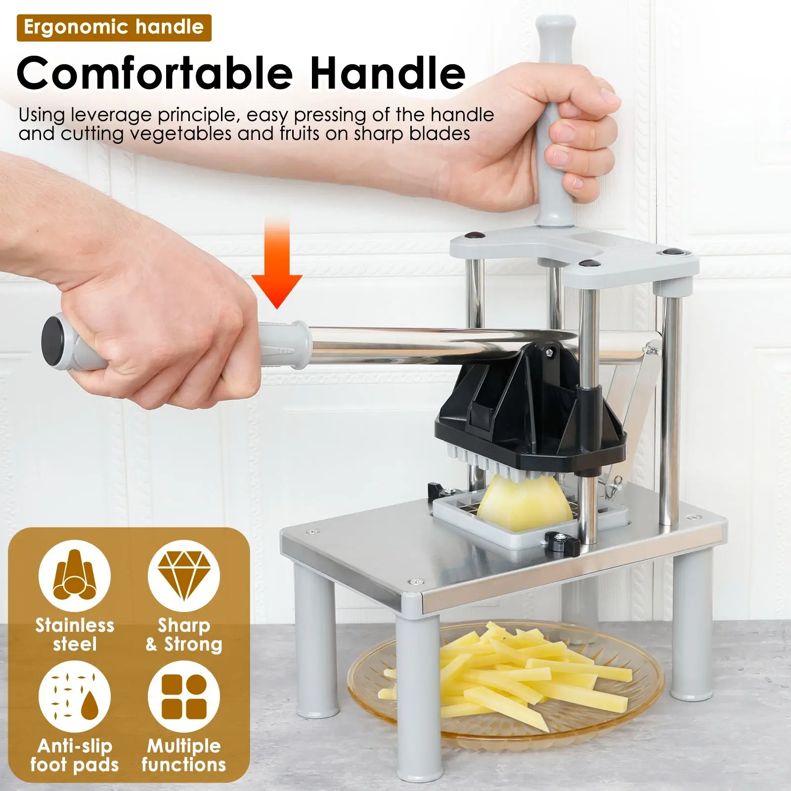 Stainless Steel French Fries Cutter, Commercial Vegetable Fruit Chopper, Manual Food Dicer with 8 Replacement Blades, Kitchen Tool
