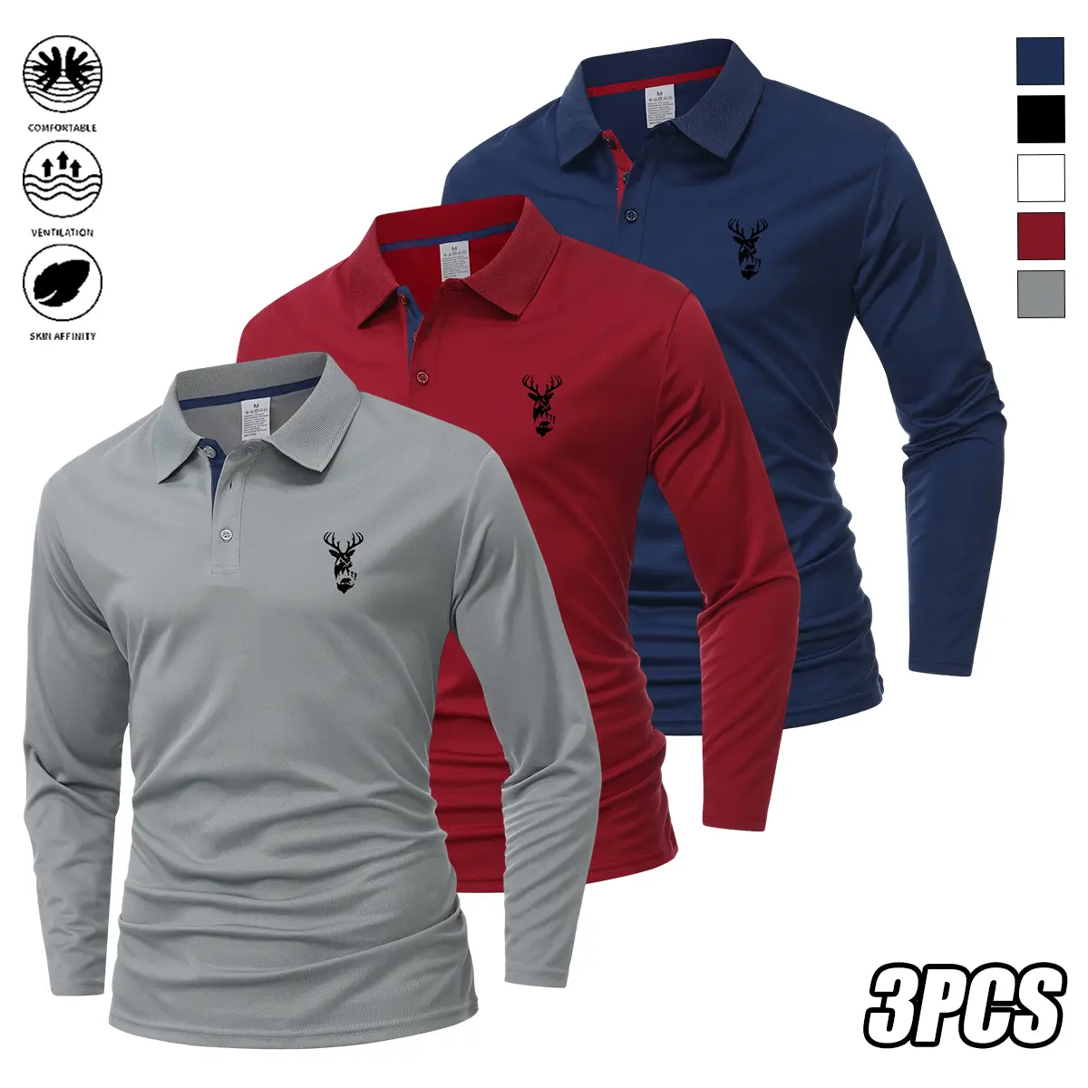 3-pack men’s casual long-sleeve zip-up polo shirts with a deer head print in two contrasting colors; machine washable and perfect for casual activities in spring and autumn; great gifts for friends or partners.