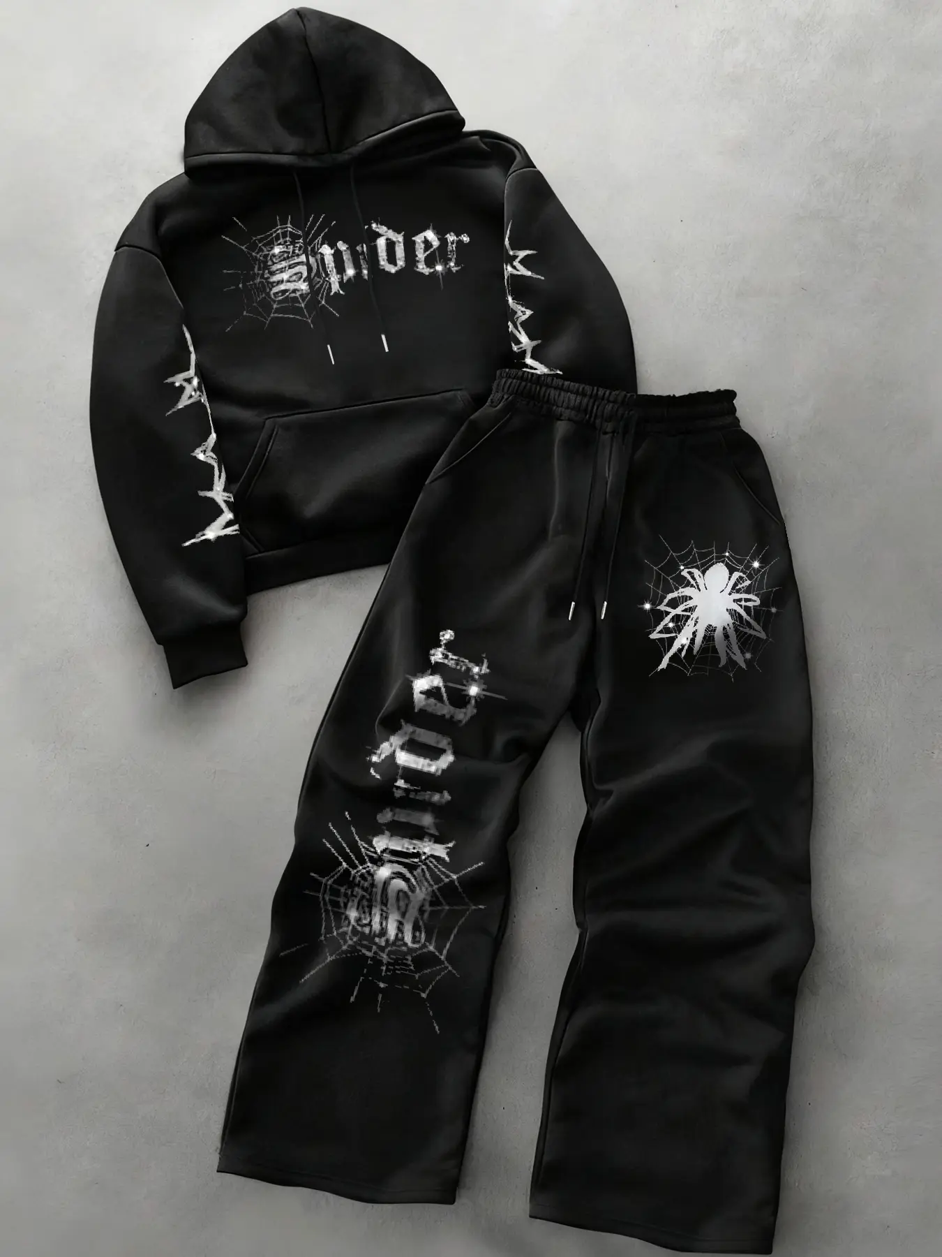 Men's Spider Web Print Hoodie Set, Casual Sweatsuits Set, Long Sleeve Hooded Sweatshirt & Wide Leg Pants, Loose Fit, Casual High Street Style, Fall & Winter, Menswear, Outfit, Clothes