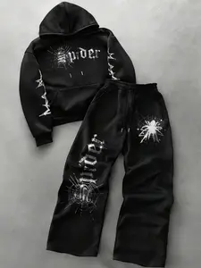 Men's Spider Web Print Hoodie Set, Hooded Sweatshirt & Wide Leg Pants, Loose Fit, Casual High Street Style, Fall & Winter