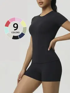 Two-Piece Solid Color Sports Fitness Set, Slim Fit Round Neck Short Sleeve Top and Shorts, Comfortable Workout for Men and Women Workout Sets