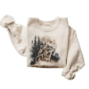 Women's Retro Wolves Howling At The Moon Hoodie - 90s Wolf Foggy Forest Wilderness, Boho Unisex Cotton Casual Top Garment, Comfortable Sweatshirt