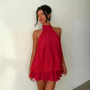 Women Halter Neck Romper Chiffon Tiered Ruffle Jumpsuit Sleeveless Backless Mini Romper Summer Vacation Beach Outfits