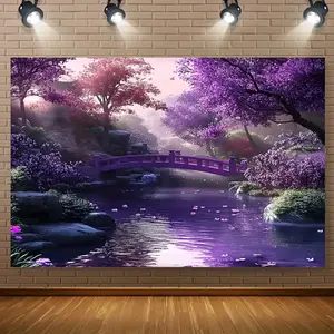 1pc, Purple Floral Landscape Wall Tapestry, Polyester Fabric, Machine Washable, No Electricity Needed, Versatile Decor for Living Room & Outdoor Spaces