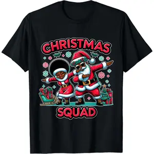 Black African American Santa Ms claus Christmas Squad Pjs T-Shirt, 100% Cotton, Single Side Printed, Black Short Sleeve T-shirt, 1 pc, Christmas Halloween Thanksgiving Gift