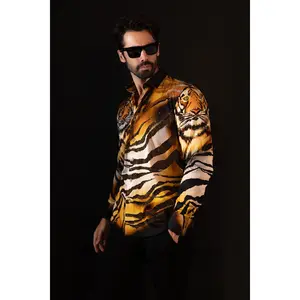 Veneto Rhinestone Long Sleeve Shirt Cotton Fabric Menswear Top Tiger Animal Original Print