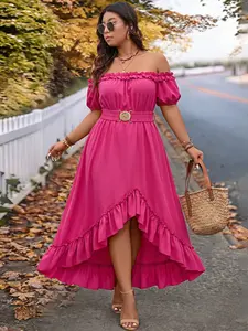 Plus Size French Elegant A-Line Womenswear Dress, Off-Shoulder One-Piece Ruffled Irregular Long Dress, Perfect for Shopping, Dinner, Dates, Weddings, Summer Parties